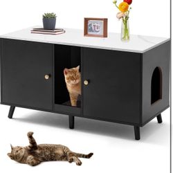 Black Litter Box Enclosure for 2 Cats, Double Hidden Litter Box Cabinet Furniture with Scratching Pad, Indoor Wood End Table Side Table Cat Washroom
