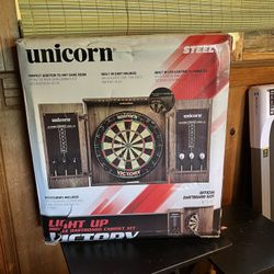 NEW……Unicorn LED Bristle Dartboard Cabinet Set - LED Tournament-Style Lighting - Official Size Dartboard - Woodgrain Finish C