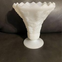 Vintage Fire King Grape Harvest pattern, Anchor Hocking white milk glass 8 paneled and sawtooth/scalloped edge/rim fluted vase