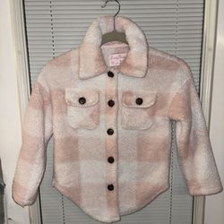    Simply Blessed Kids Sherpa Shacket in pink and white plaid.  