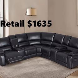 Lorna 109 in. Modern and Contemporary 7-Piece Faux Leather Sectional Sofa Black with Recliners Corner Lounge Suite byEllesop