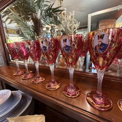 1890S Gold Leaf Handpainted, Bohemian Wine Glasses, A Set Of 12