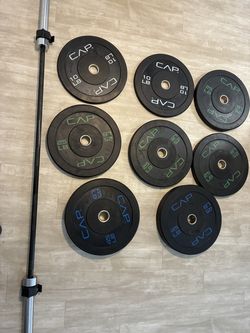 CAP 250 lb Olympic Bumper Plate Set + 7' Barbell – Barely Used