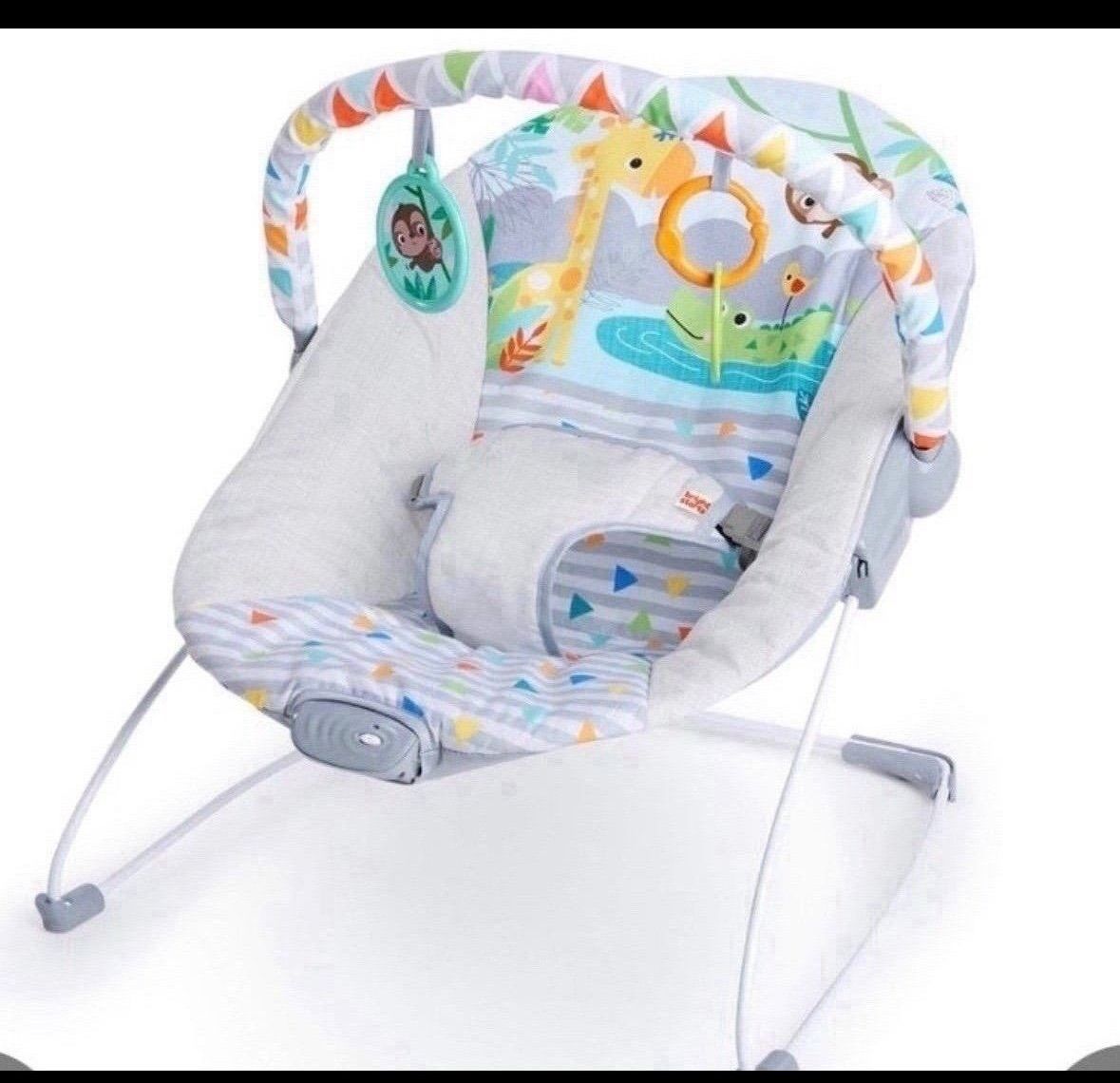 Bright Starts Safari Fun 3-Point Harness Vibrating Baby Bouncer With Toy Bar open box item