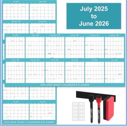 2026 Large Wall Calendar, 17" x 38", Wet/Dry Erasable Laminated Calendar, July 2025 - June 2026, Wall Calendar 2025-2026, Reversible, Double-Sided, La