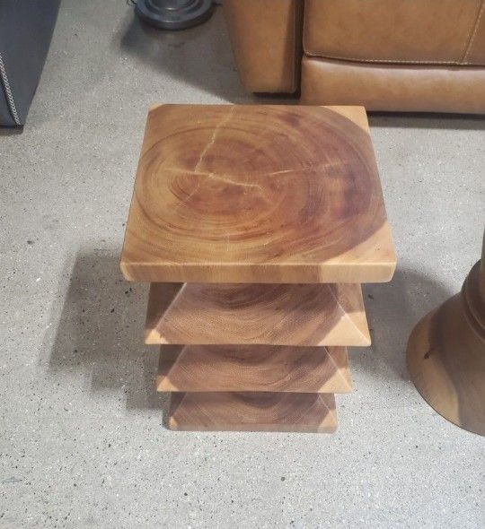 Hand-Carved Sculptural End Table with Zigzag Design, (New)