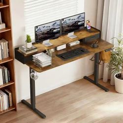 #D 55 in. Rectangular Brown Electric Standing Desk with Cell Phone Stand and 2 Drawers $ 90
