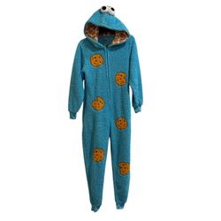 Blue Cookie Monster Adult  Unisex Pajama Sleeper Jumpsuit Hood Pockets Sz Small