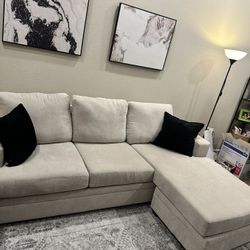 Living spaces: Bonaterra Sand Beige Fabric 97" Sofa with Reversible Chaise | Track Arms | Loose Reversible Back