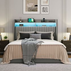 Queen Size Hydraulic Lift-Up Storage Bed Frame, LED Headboard with Fast Charging (USB/Type-C), 2-Tier Shelves & Velvet Upholstered, Gray