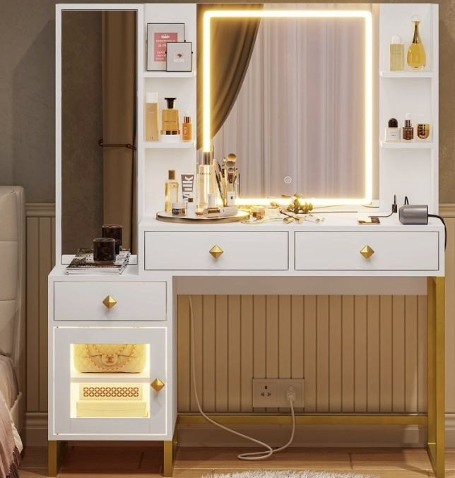 Vanity Desk with Lighted Mirror & Charging Station & 3 Drawers & RGB Cabinet, Makeup Vanity Table with LED Mirror & Full-Length Mirror, White & Gold