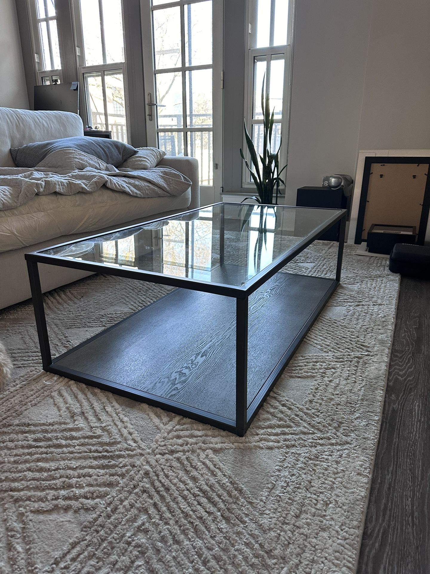 Crate & Barrel Glass, Wood And Metal Coffee Table