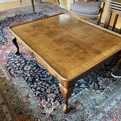 Long Burr Walnut Coffee Table with Cabriolet Legs in the style of Thomas Chippendale