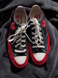 Converse X CDG Chuck Taylor 70" Low Sneakers, Black Canvas with Distinctive Red Sole and Iconic Heart-and-eyes Logo. Like New.