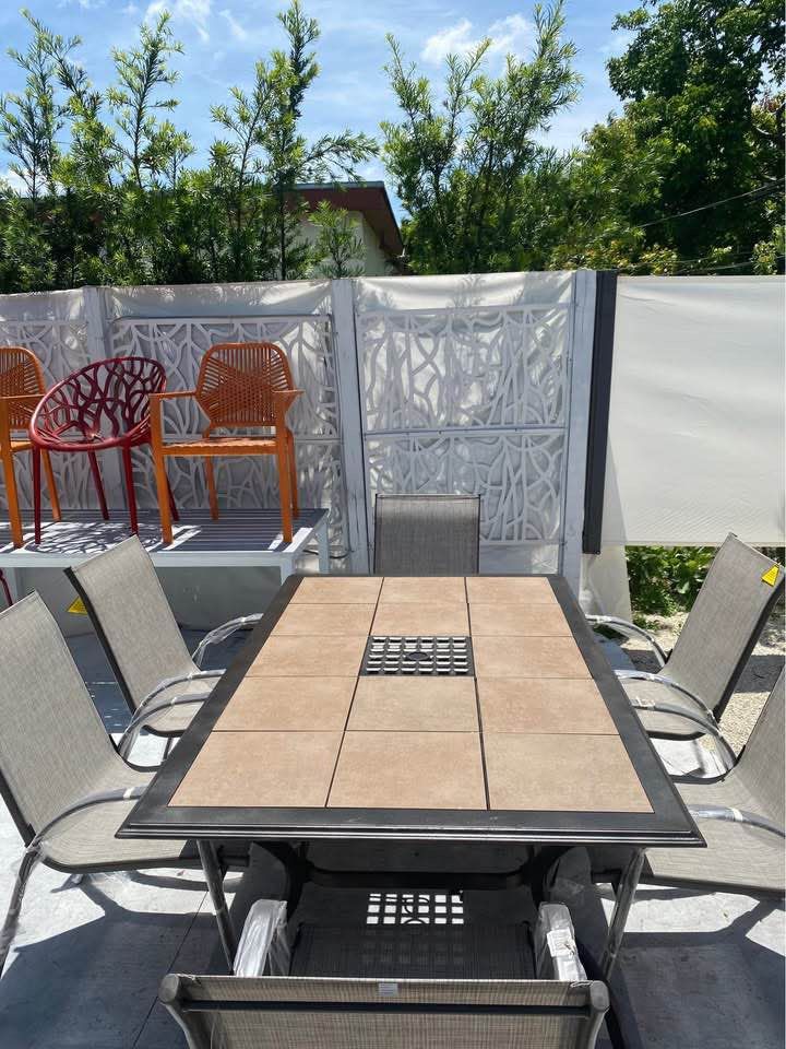 Outdoor Patio Aluminum Table With 6 Outdoor Patio Aluminum Stackable NEW Chairs