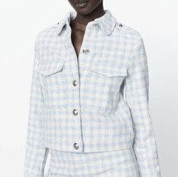 ZARA TWEED  PLAID GINGHAM CHECKERED JACKET BLUE WHITE S STRUCTURED