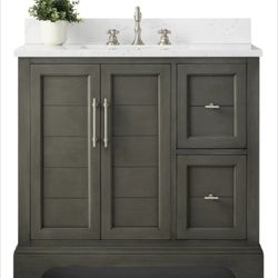 36" Single Silver/Grey Vanity with Engineered Marble 2cm Top & backsplash. New-