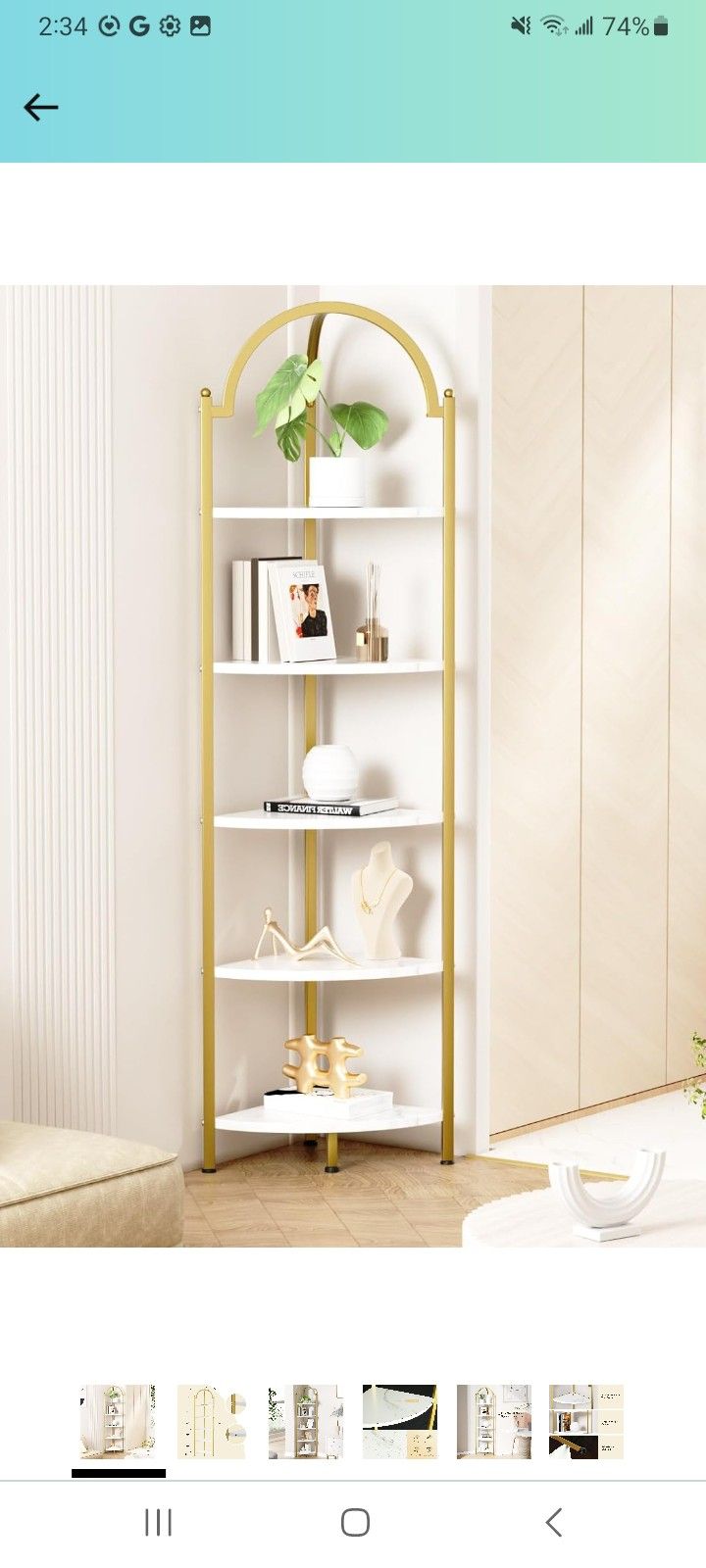 5-Tier Arched Corner Shelf Stand, Gold Corner Bookshelf with White Marble Panels, Standing Corner Bookcase/Plant Stand, Modern Display Shelf for Livin