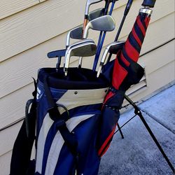 TAYLORMADE IRONS, TITLEIST DRIVER/WOODS, BAG & UMBRELLA