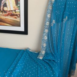 Georgette Silver Sequence, stone Embroidered Floral Blue Sharee with Blouse New