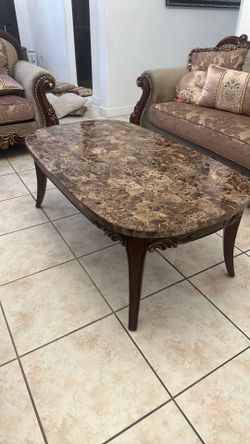 Classic Marble Top Coffee Table with Wood Base