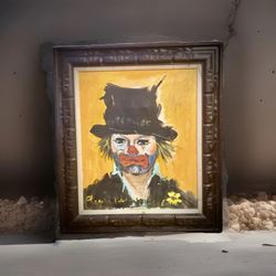 Mid- 20th Century Oil Painting On Canvas Of Sad Clown/ Hobo Clown