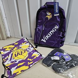 Vikings Backpack & Sandals with Lakers Bag