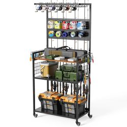 Fishing Rod Storage Rack with Pegboard, Rolling Tackle Organizer Cart, Multi-Tier Fishing Gear Stand for Rods, Reels, Tackle Boxes & Bags, Heavy Duty 