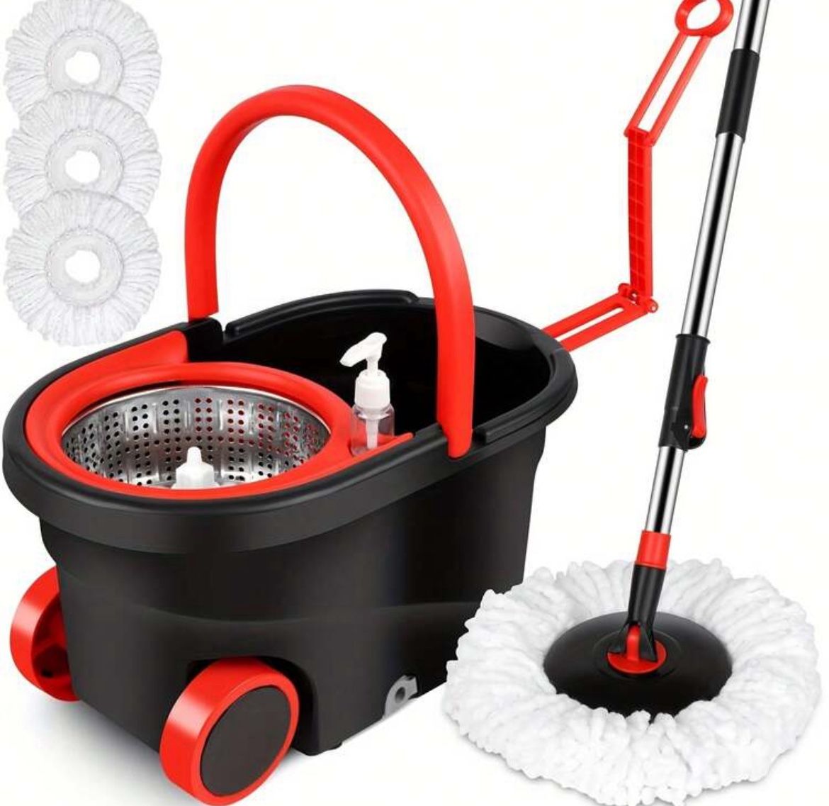Spinning Mop And Bucket Set, Mop Bucket Set, School Bathroom, 360° Spinning Mop Bucket System With 3 Microfiber Mop Replacement Heads And 61-Inch Stai