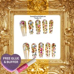 Gold Glitter & Colored Stone Gel Acrylic Press On Nails 10 Pc Set - FREE GLUE & BUFFER
