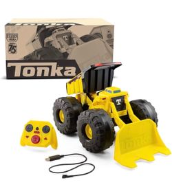 New in box Yellow and black Tonka remote control front loader with large chunky tires, a front scoop bucket, and a dump bed. Includes yellow RC contro