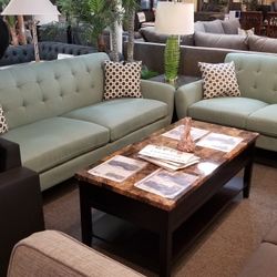 Brand New Green Fabric Midcentury Sofa + Loveseat 2PCs Set