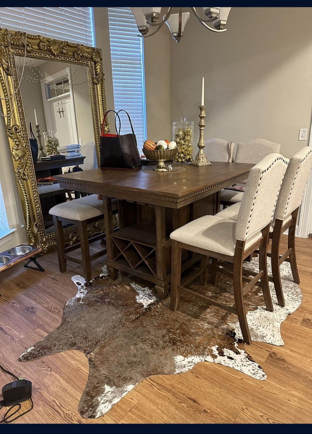 Ashley Signature 48” X 54” Dining Kitchen Table Studded 6 Chairs & Bench Wine Storage _ Cowhide Metallic Rug