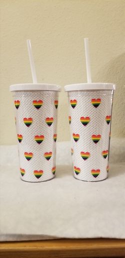 Rainbow Hearts White Sequins Tumbler