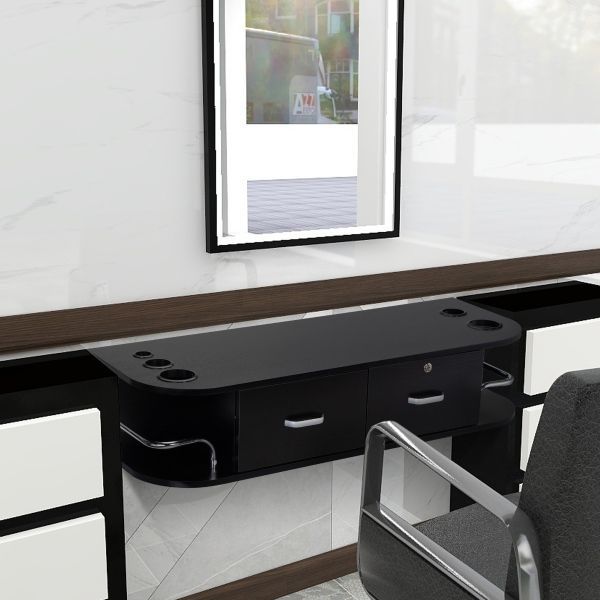 Modern Wall-Mounted Barber Cabinet with Locking Drawer for Hair Stylist, Black