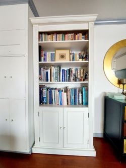 custom-made,  large, white, Engraved solid wood bookcase..