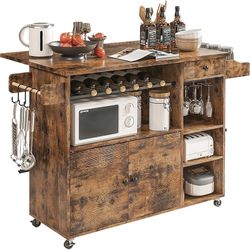 Rolling Kitchen Island Cart with Drop-Leaf and Wine Rack, Microwave Rack Serving Cart on Wheels with Drawer & Shelves & Spice Rack & Cup Hanging, Vint