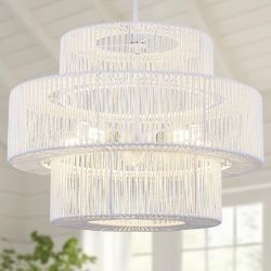 Pavloatu 22" White Rattan Chandelier, 5-Light Boho Pendant