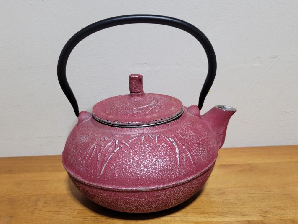 Cast Iron Japanese Style Teapot Tea Strainer Red Bamboo Floral Design