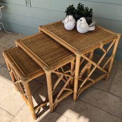 Boho MCM Hollywood Regency Bamboo Rattan and Wicker Nesting Tables  