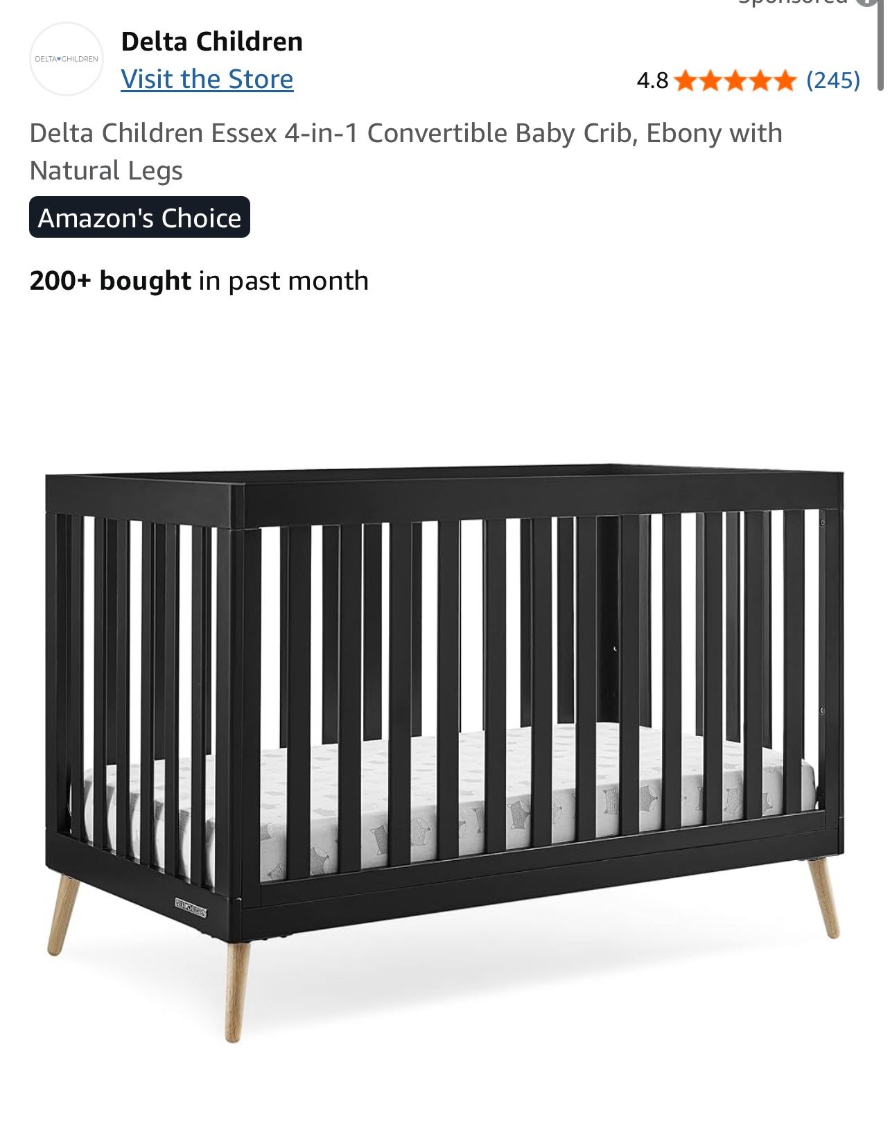 Delta Children Essex 4-in-1 Convertible Crib In Ebony/black And Crib Mattress