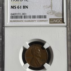 🇺🇸 1958-D Lincoln Wheat Cent – NGC MS61 BN