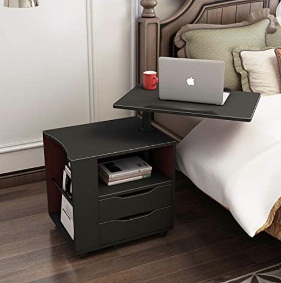 New SogesPower Wood Nightstand for Bedroom, Adjustable and Movable End Table Rolling Bedside Table with Storage Drawer, Laptop Desk with Swivel Top,Si