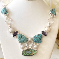 Turquoise, Abalone Shell, Pearl, Amethyst And White Topaz 925 Sterling Silver Overlay Necklace