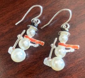 Sterling Silver 925 Frosty Snowman Earrings Faux Pearl