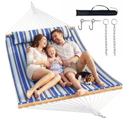 2Person Quilted Hammock with SpreaderBar, 500lb Capacity, Blue Flat patio tree hammock with detachable pillow & chains. No stand; ideal for outdoor ba