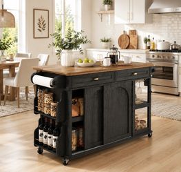 Black Rolling Kitchen Island Cart with Storage