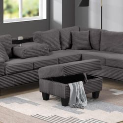 Brand New Special Cozy Gray Color Sectional With Fold Down Cup Holder And Ottoman