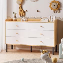 Dresser for Bedroom, 6 Drawer Natural Wood Dresser with Wide Drawer and Metal Handles, Modern Dressers & Chests of Drawers for Hallway Entryway