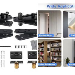 2 Pcs Stainless Steel Hidden Door Hinge, Pivot Hinge, Up to 570Lbs Load-Bearing, Hidden Door Bookcase Hinge, Heavy Duty Swinging Door Hinge 360° Rotat